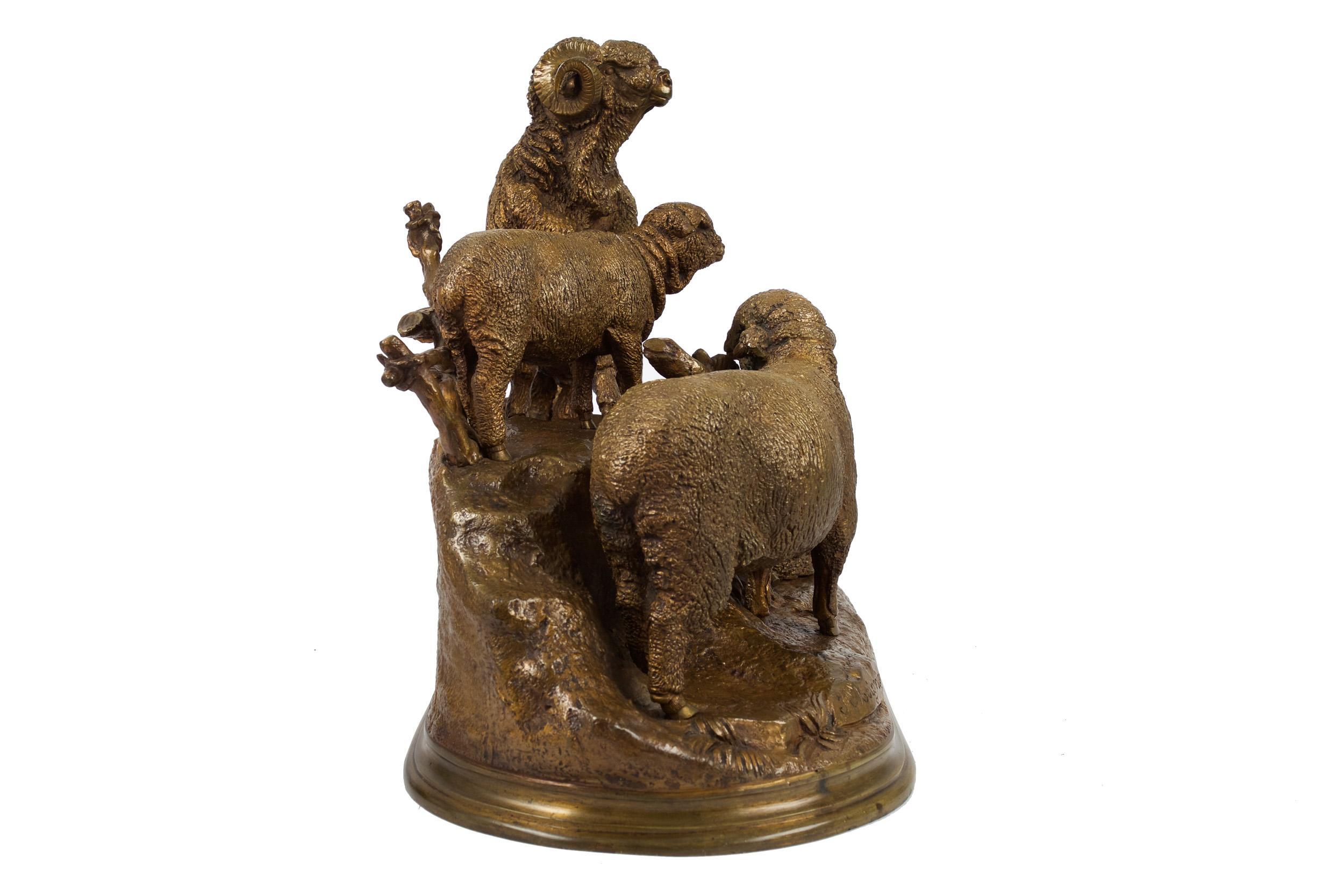 Carved French Antique Bronze Sculpture of Group of Merino Sheep by Jules Moigniez