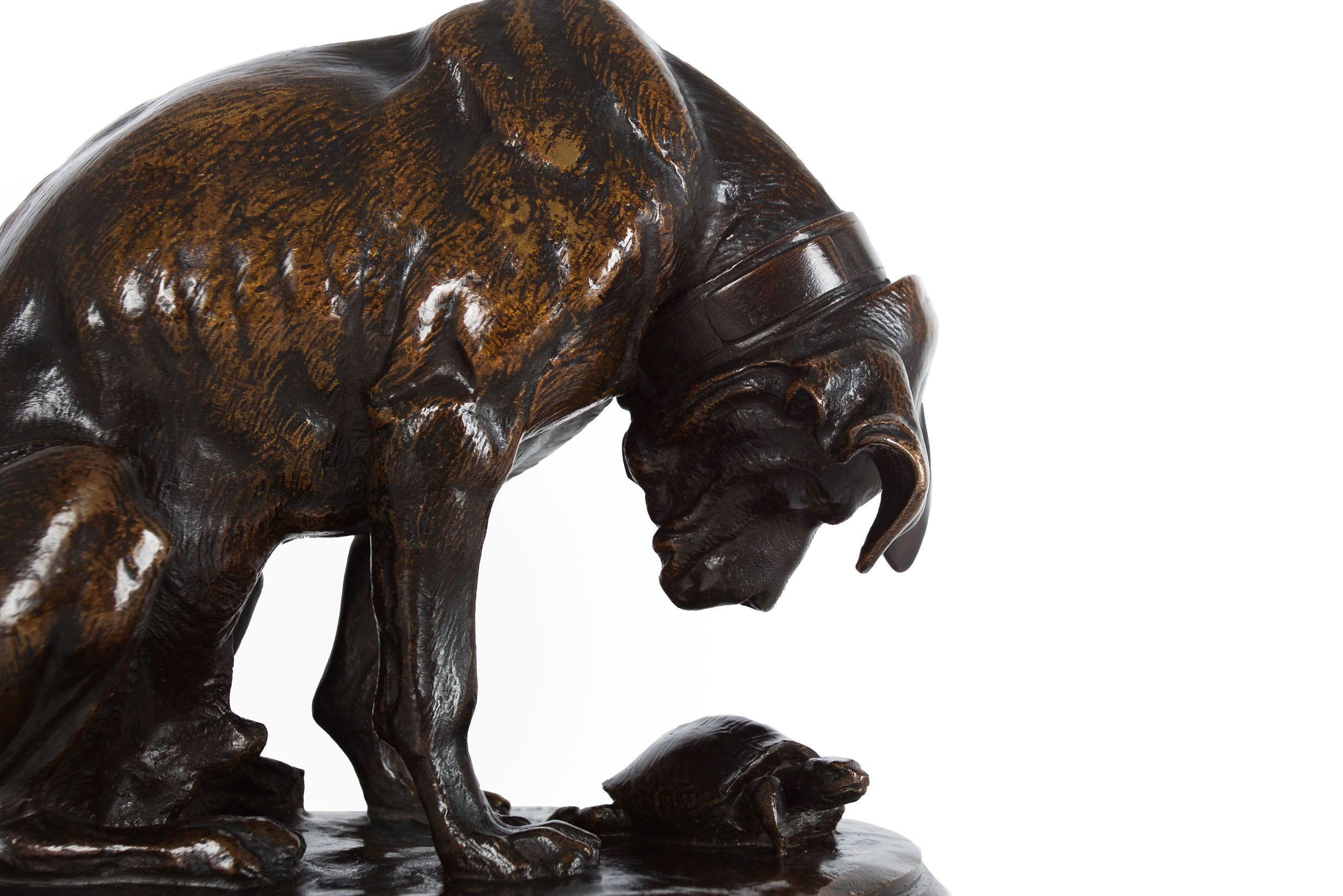 Français Sculpture française ancienne de chien et de tortue par Alfred Jacquemart, vers 1860