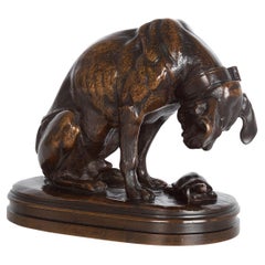 Sculpture française ancienne en bronze d'un chien et d'une tortue par Alfred Jacquemart, vers 1860