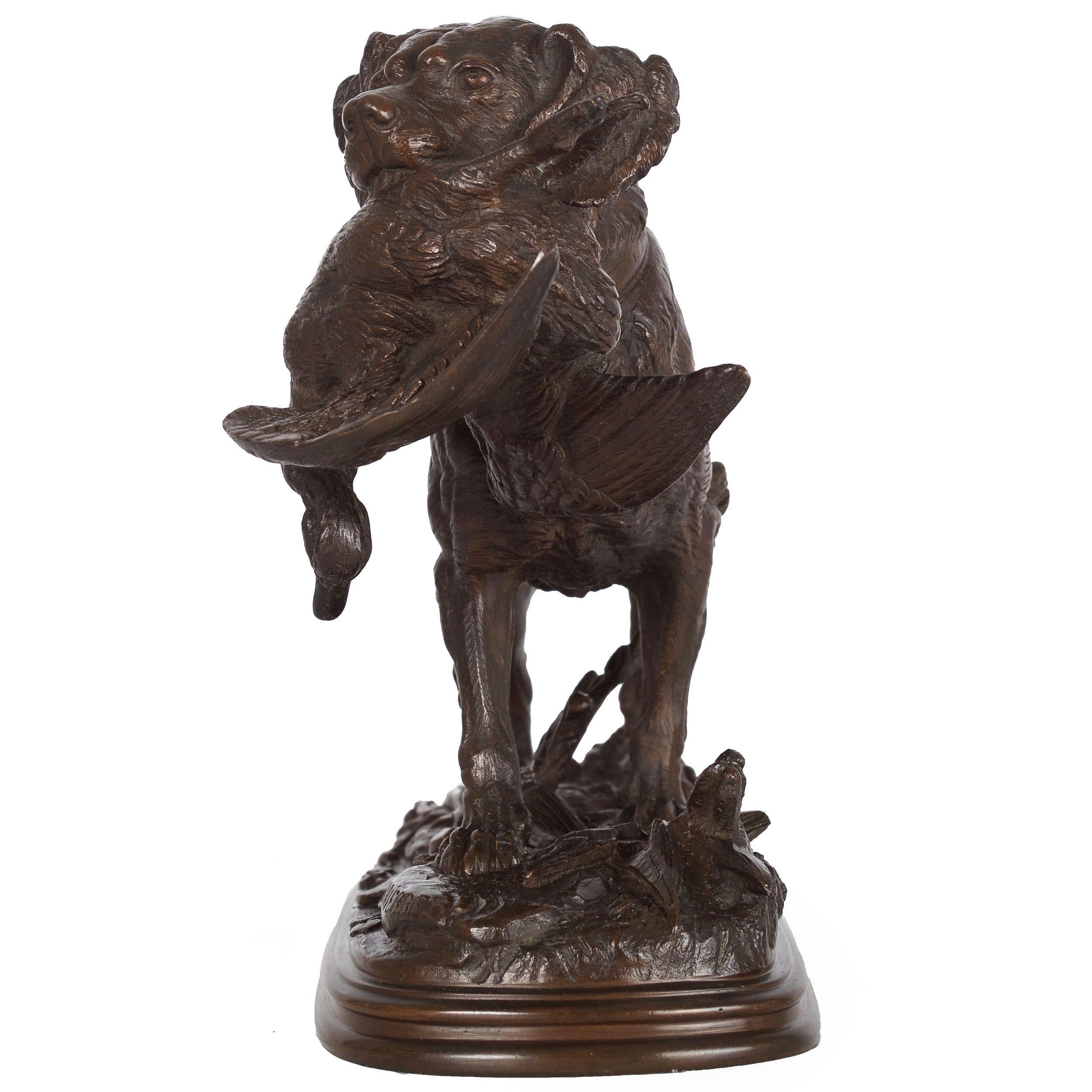 Romantic French Antique Bronze Sculpture of Hunting Dog & Duck by Paul Delabrierre c.1870