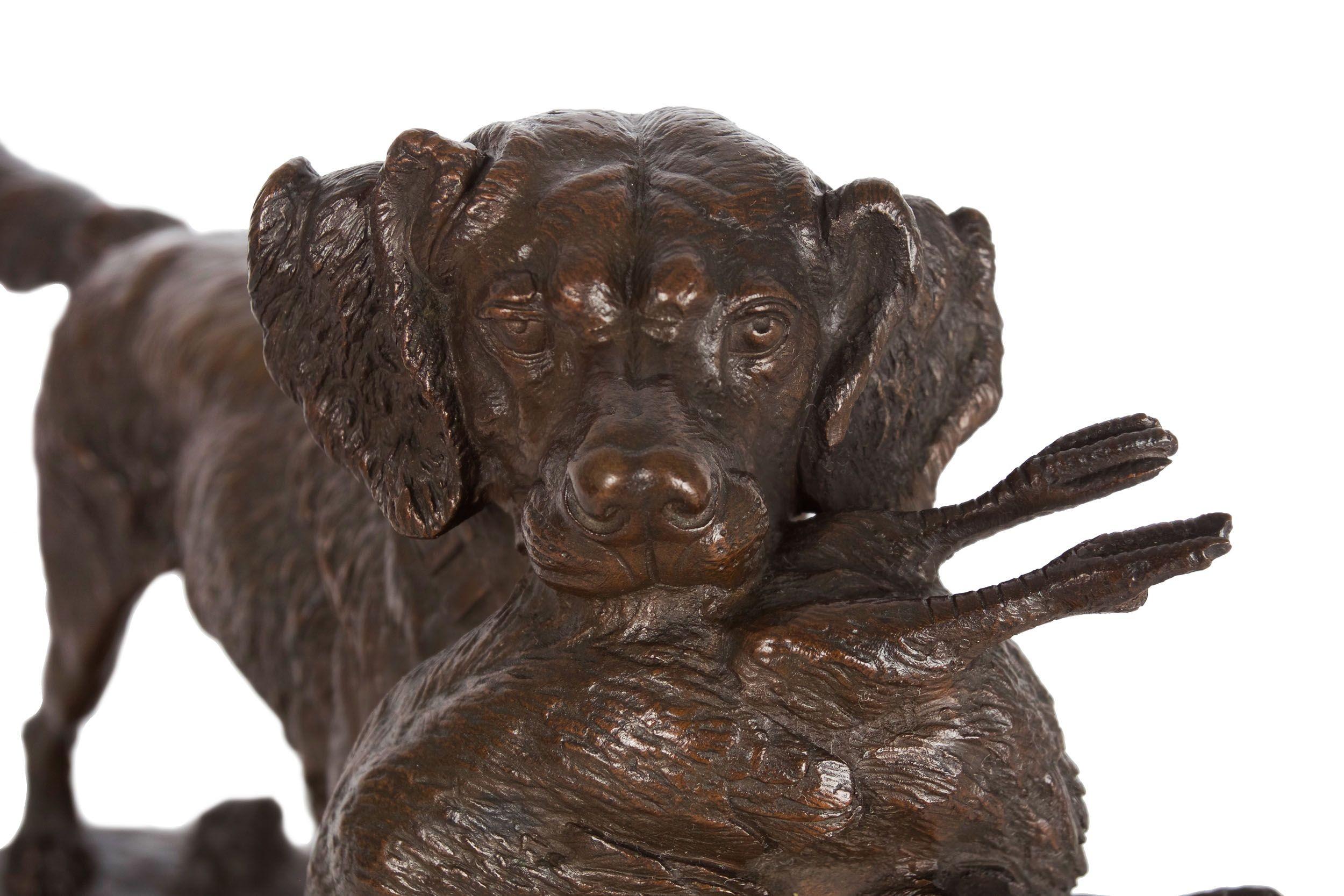 19th Century French Antique Bronze Sculpture of Hunting Dog & Duck by Paul Delabrierre c.1870
