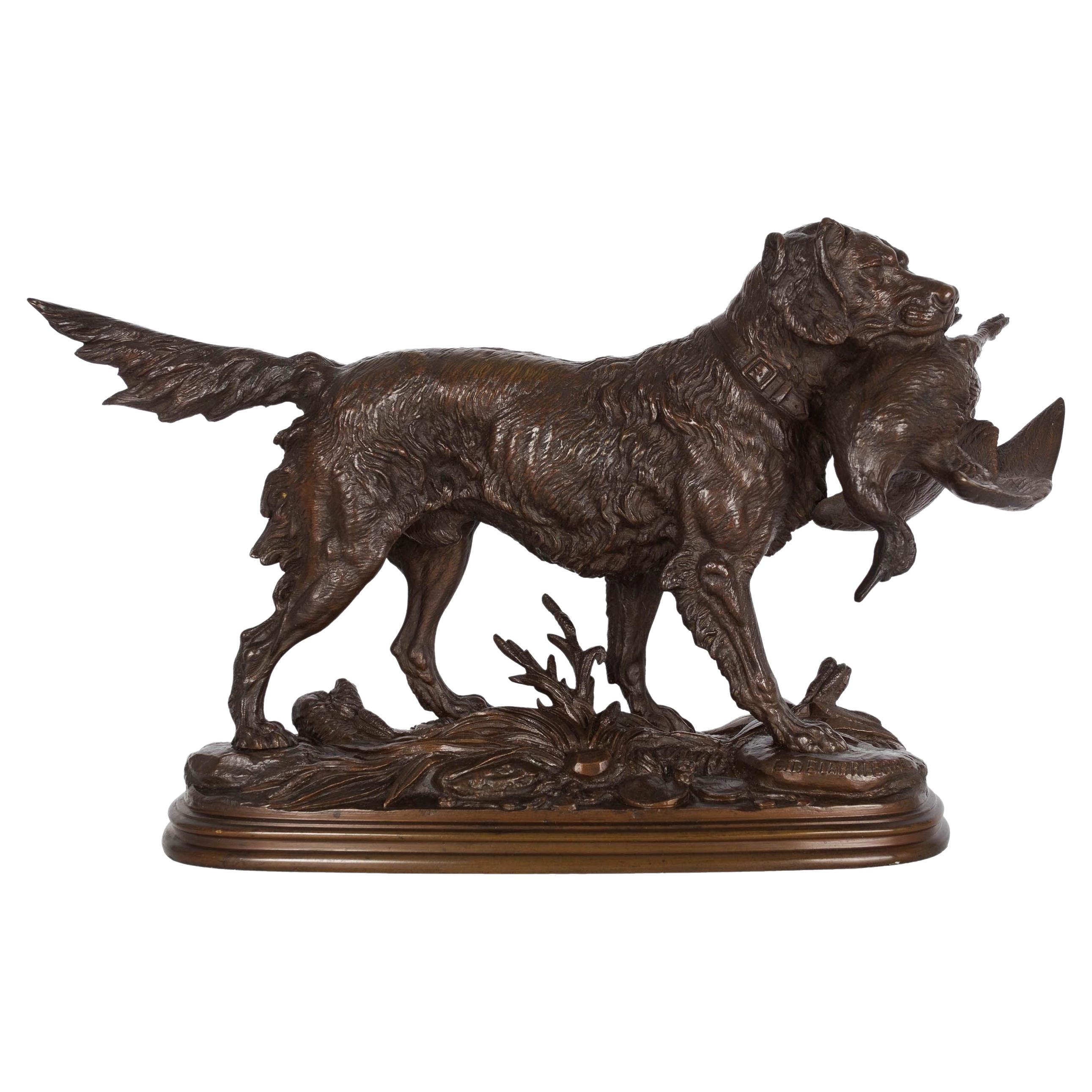 French Antique Bronze Sculpture of Hunting Dog & Duck by Paul Delabrierre c.1870