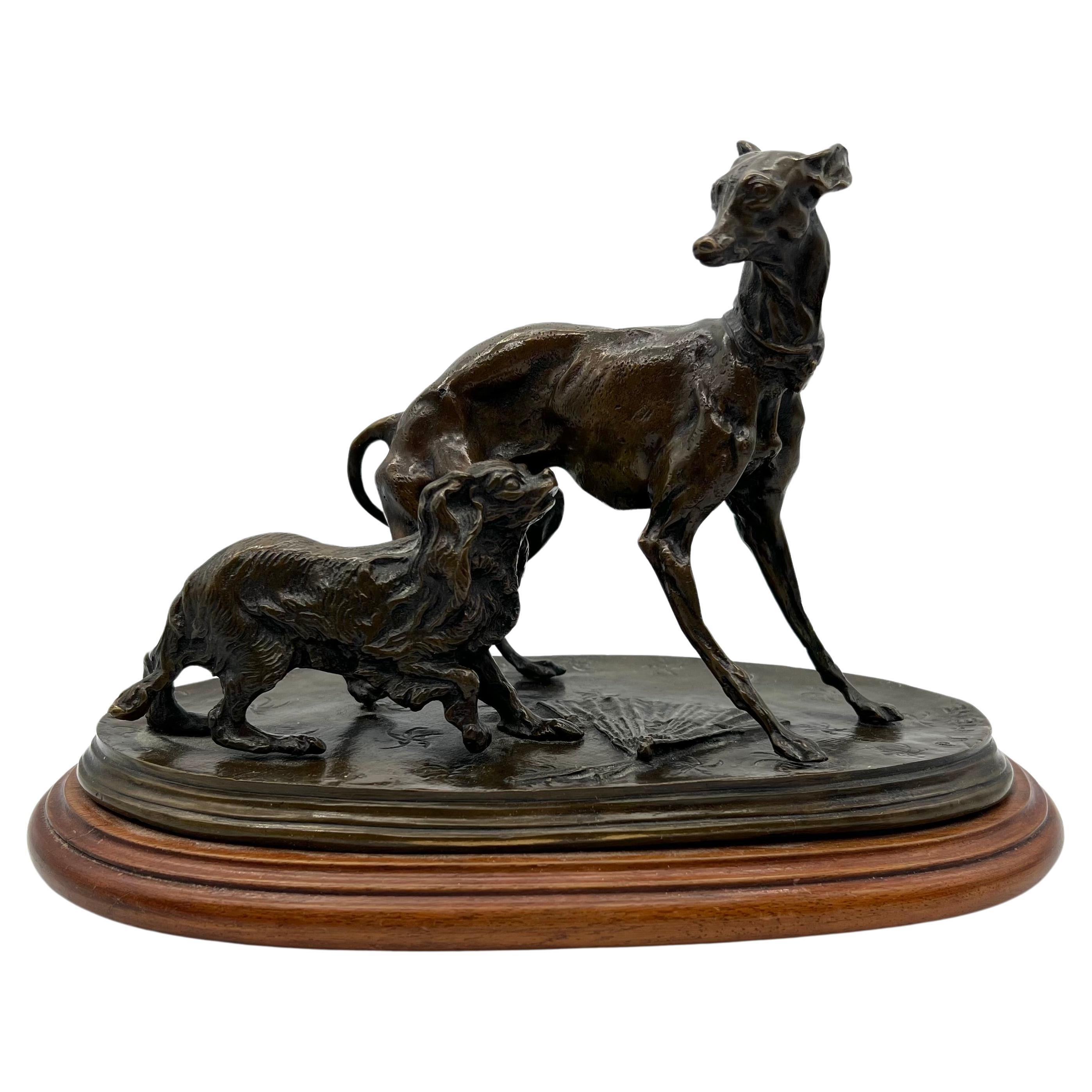 Escultura francesa antigua de bronce de perros de caza de Pierre-Jules Mêne hacia 1870