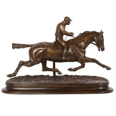Sculpture française en bronze ancien de Jockey et d'un cheval d'étalon par Jules Bennes