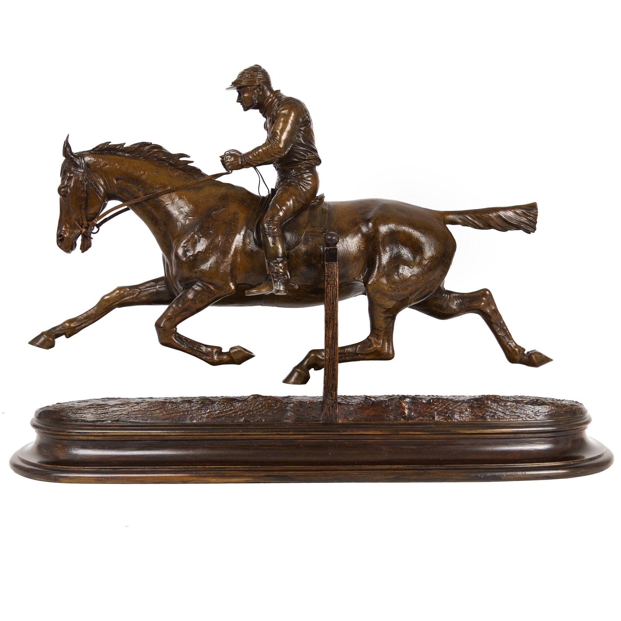 Romantic French Antique Bronze Sculpture of Jockey and Stallion Horse by Jules Bennes For Sale