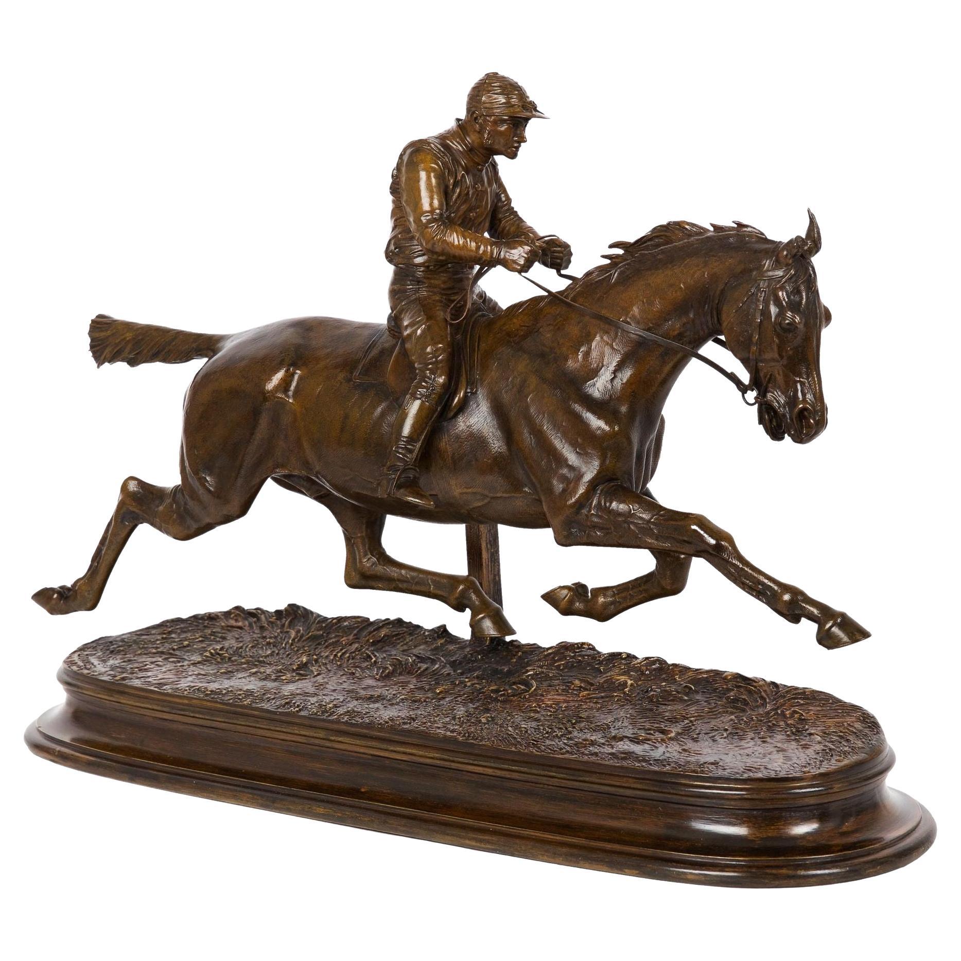 Französische antike Bronzeskulptur eines Jockeys und eines Löwenpferdes aus Stallion von Jules Bennes im Angebot