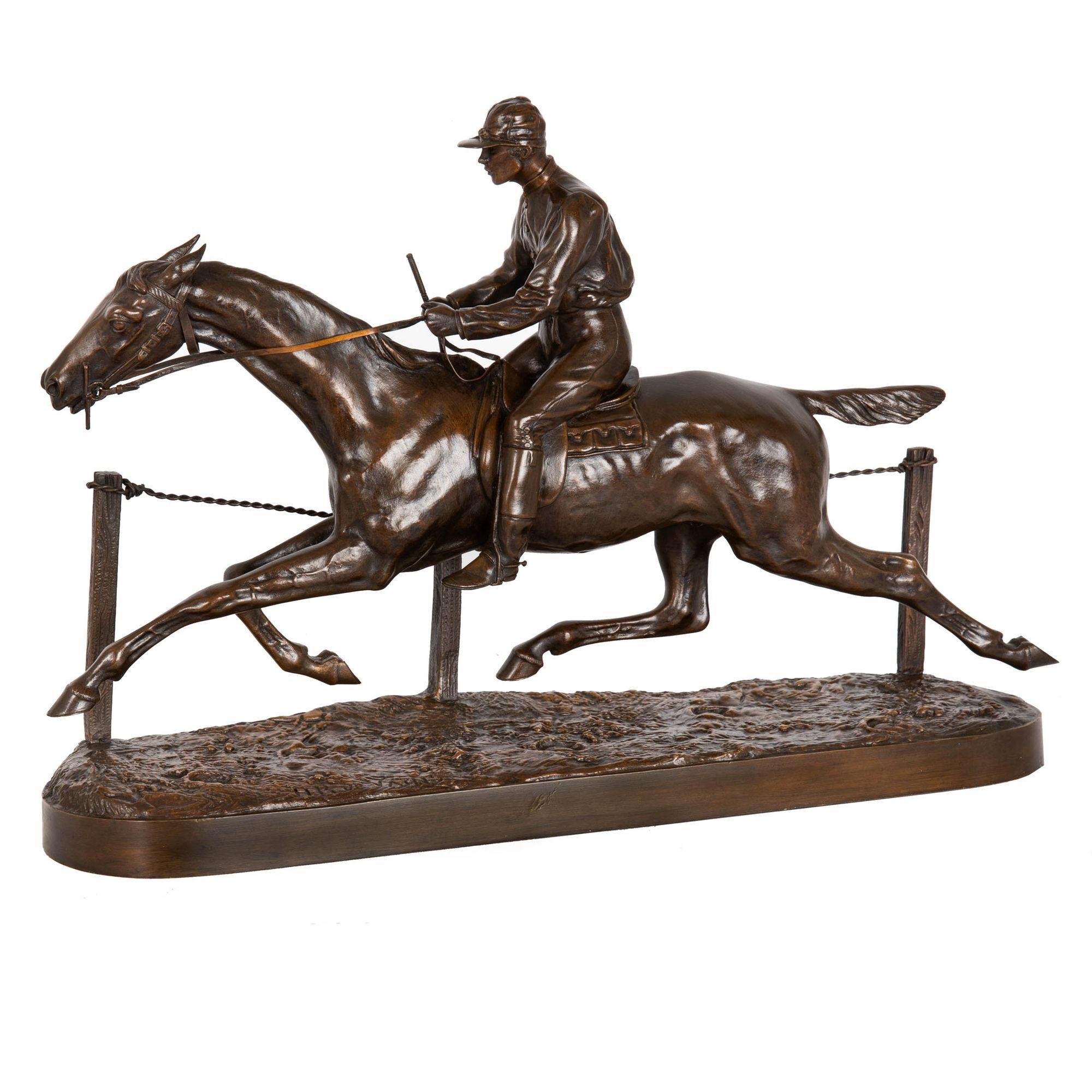 Französische antike Bronzeskulptur eines Jockeys auf Reitpferd von H.R. de Vains im Angebot 14