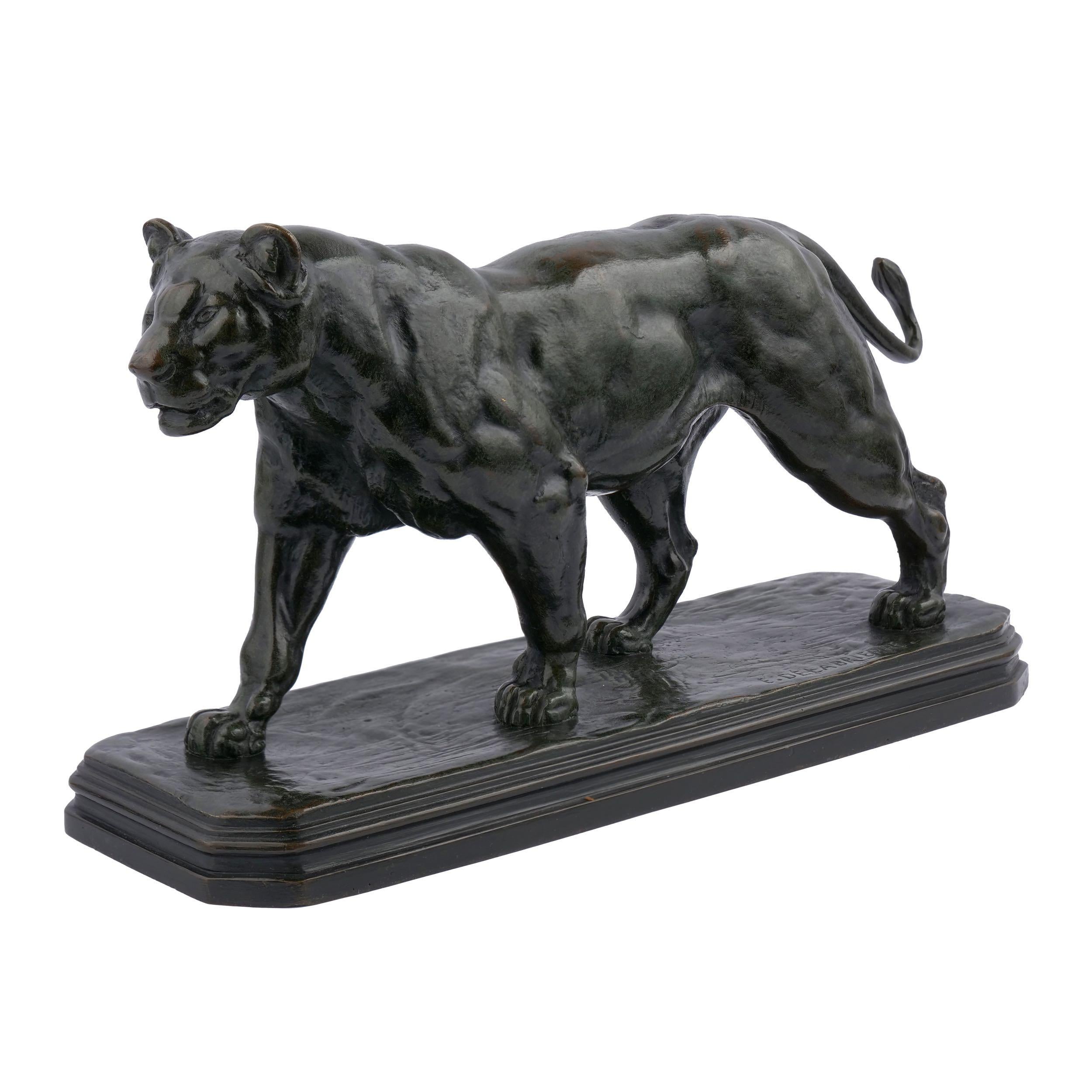 Romantic French Antique Bronze Sculpture of Marching Lion by Paul Edouard Delabrierre