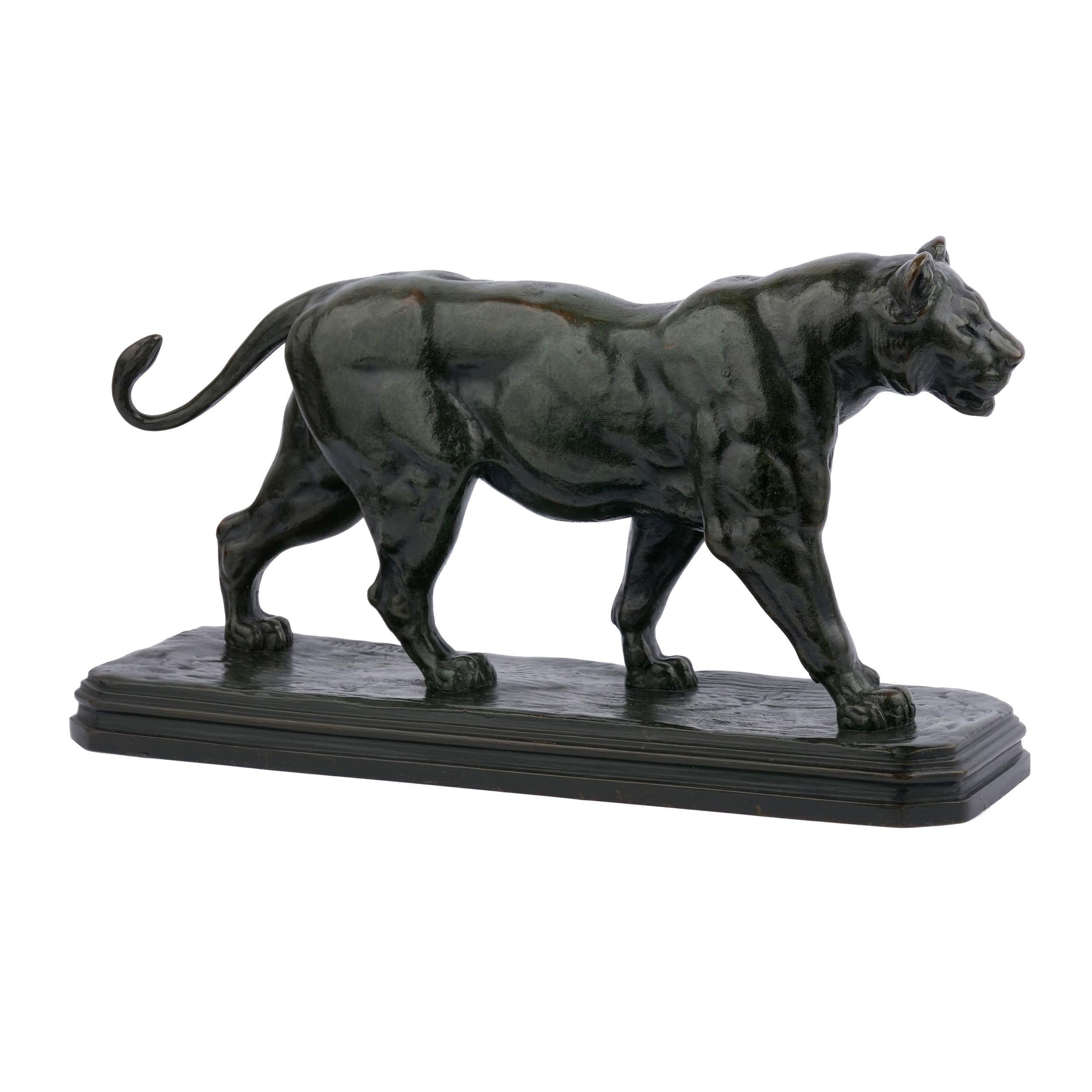 19th Century French Antique Bronze Sculpture of Marching Lion by Paul Edouard Delabrierre