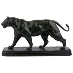 French Antique Bronze Sculpture of Marching Lion by Paul Edouard Delabrierre