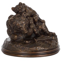 French Antique Bronze Sculpture of Mother Bear and Cubs by Paul E. Delabrierre