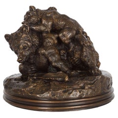 French Antique Bronze Sculpture of Mother Bear and Cubs by Paul E. Delabrierre
