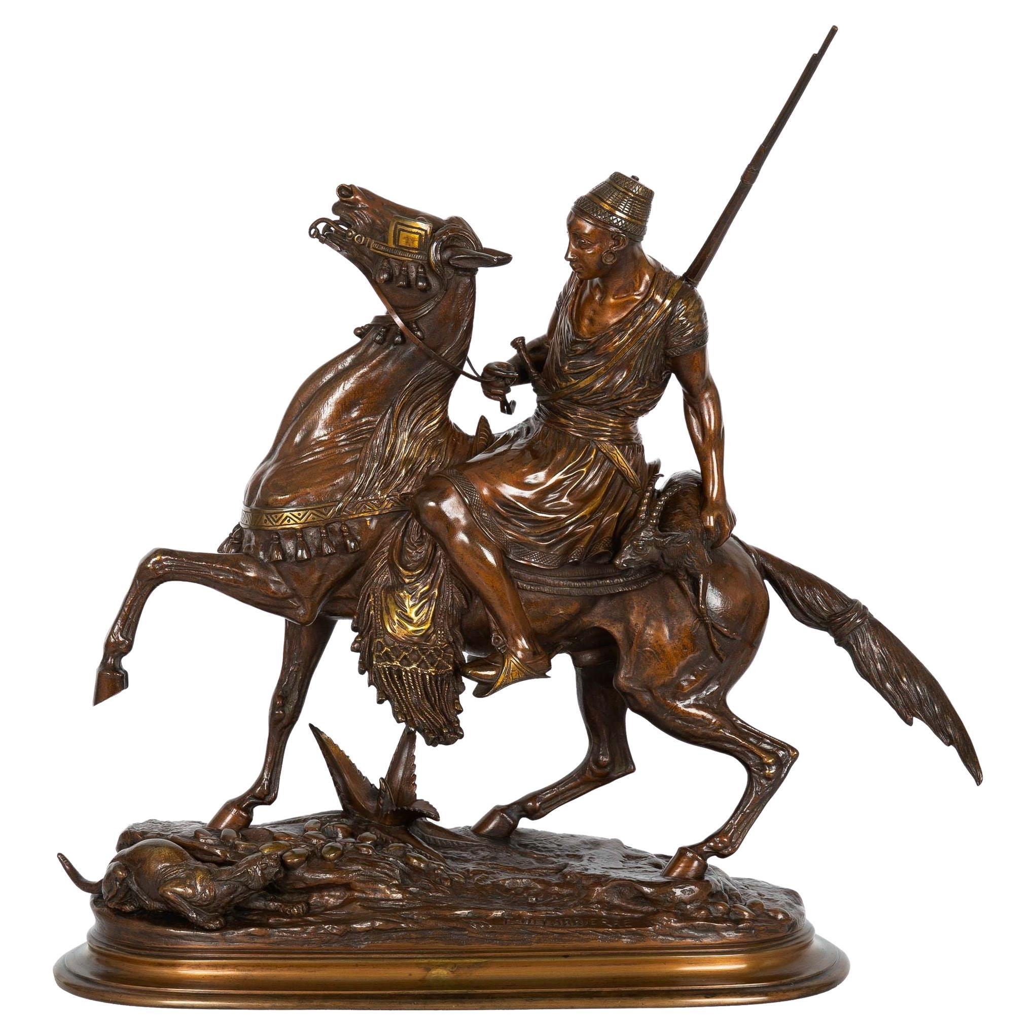 French Antique Bronze Sculpture of North African Hunter by Paul Delabrierre For Sale