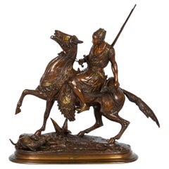 Sculpture française en bronze ancien représentant un chasseur d'Afrique du Nord par Paul Delabrierre