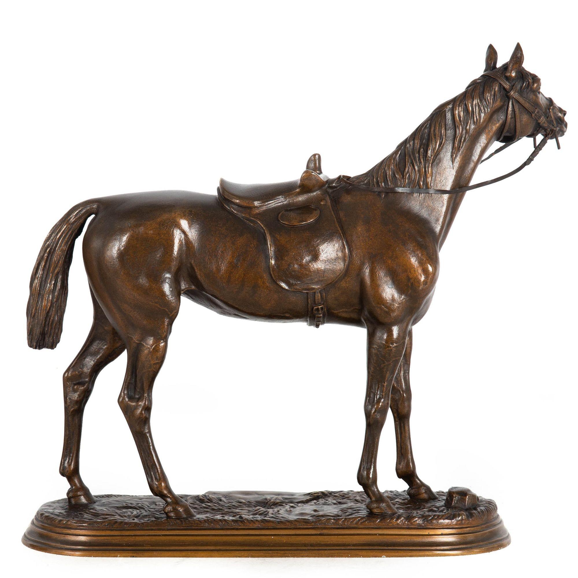 JULES MOIGNIEZ
Français, 1835-1894

Cheval de course sellé

Bronze patiné coulé au sable  signé en bas 