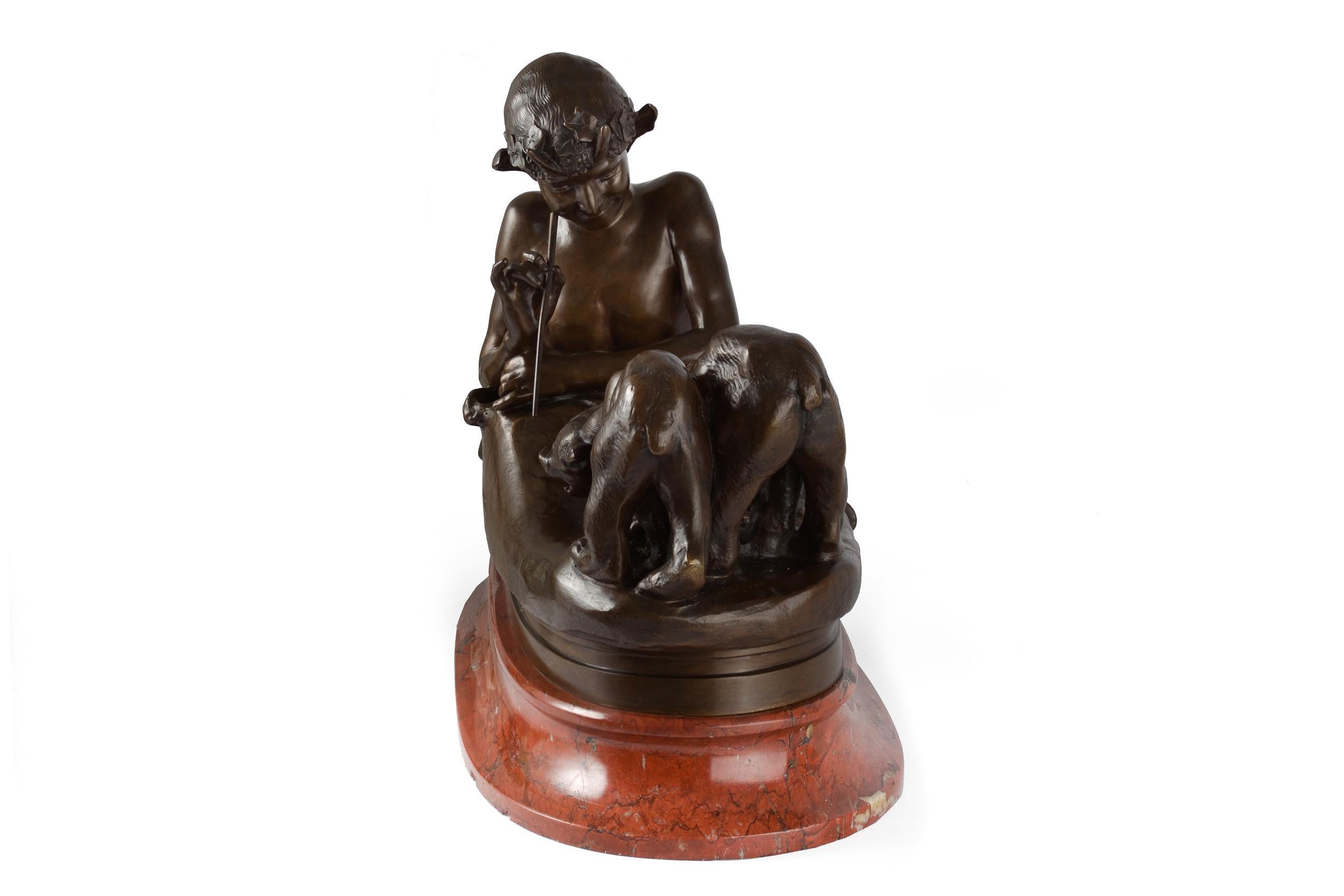 Carved French Antique Bronze Sculpture of Satyr Pan with Bear Cubs by Emmanuel Fremiet