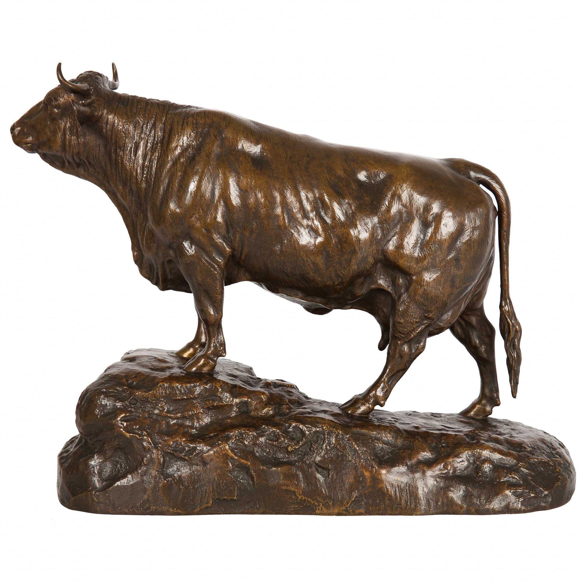 A rare and exquisite study of a standing cow by Isidore Jules Bonheur, the bronze model depicts a cow walking up a slope over a naturalistic base with her head raised to peer towards the horizon. The surface texture is typical of Bonheur's careful