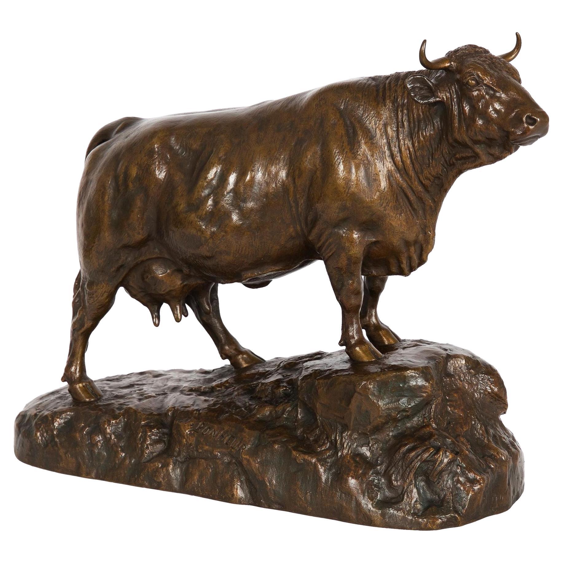 French Antique Bronze Sculpture of Standing Cow by Isidore Bonheur