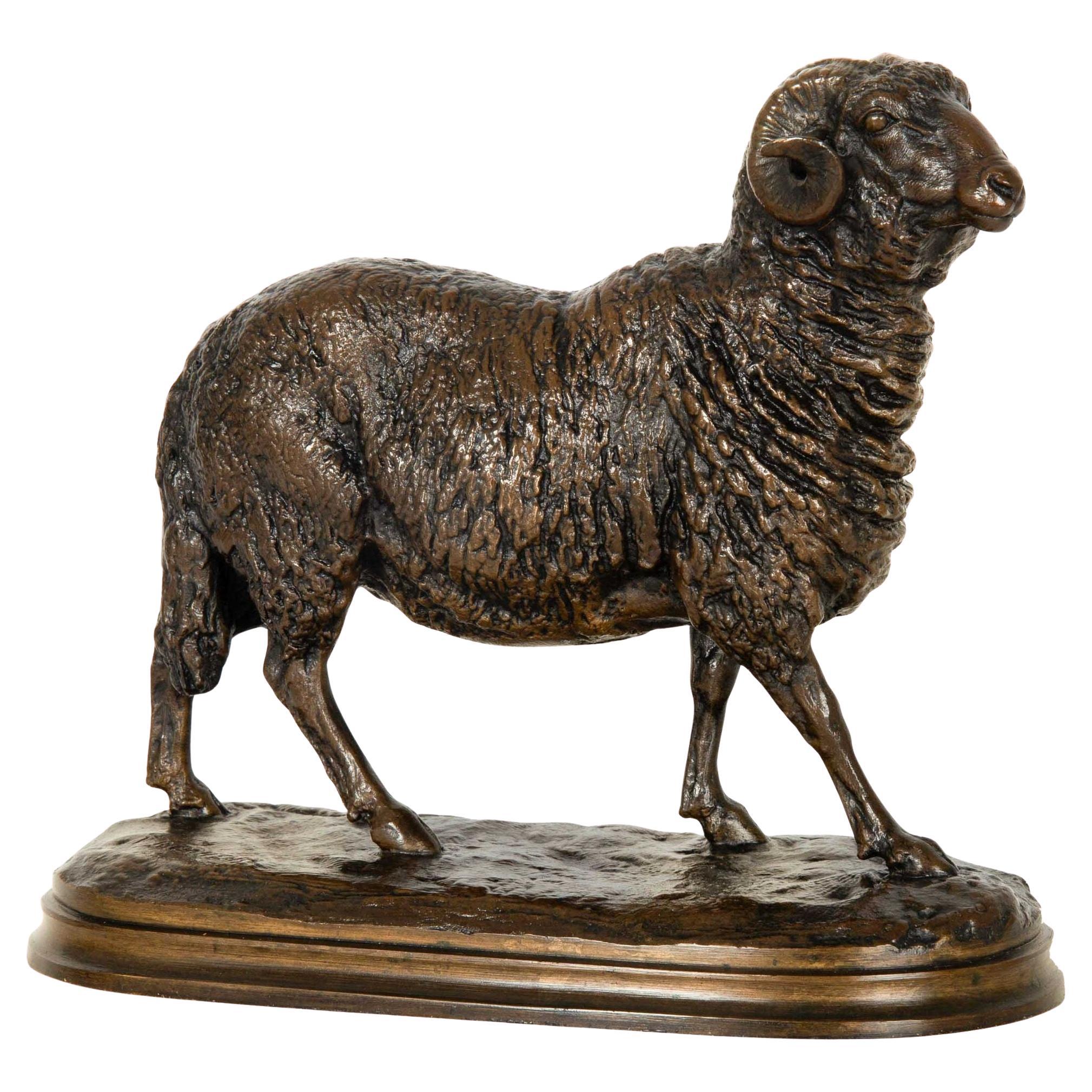 French Antique Bronze Sculpture of “Standing Ram”, Isidore Jules Bonheur