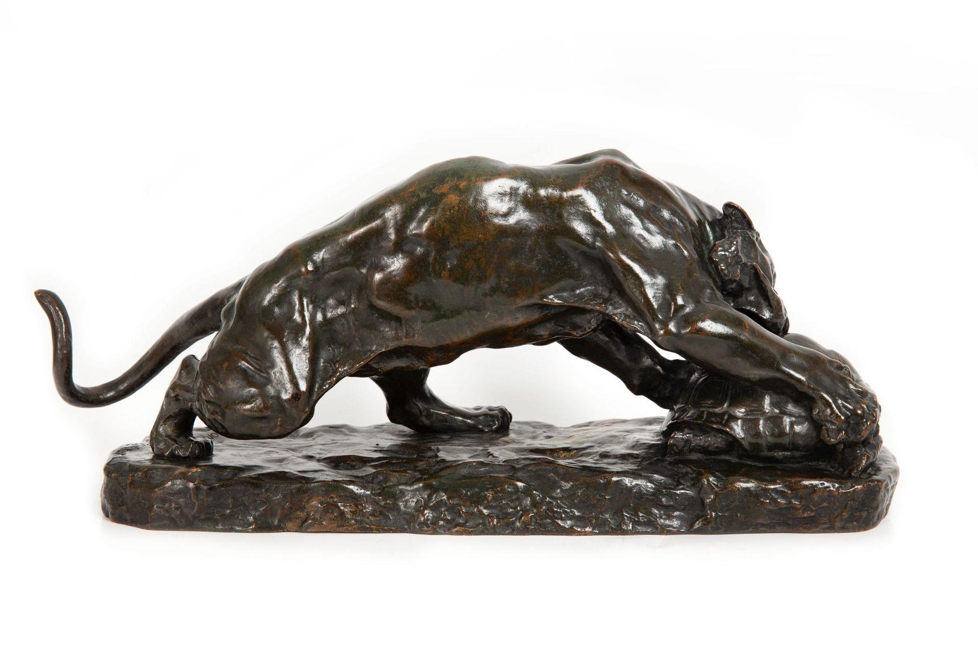 Romantic French Antique Bronze Sculpture of “Tiger and Tortoise” after Georges Gardet For Sale