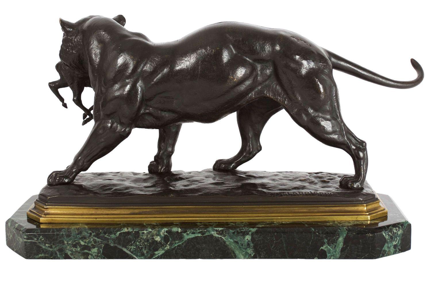 PAUL-ÉDOUARD DELABRIERRE [after]
French, 1829-1912

Tiger Carrying a Gazelle

Sand-cast with dark-brown overall patina circa 1910  signed in cast 