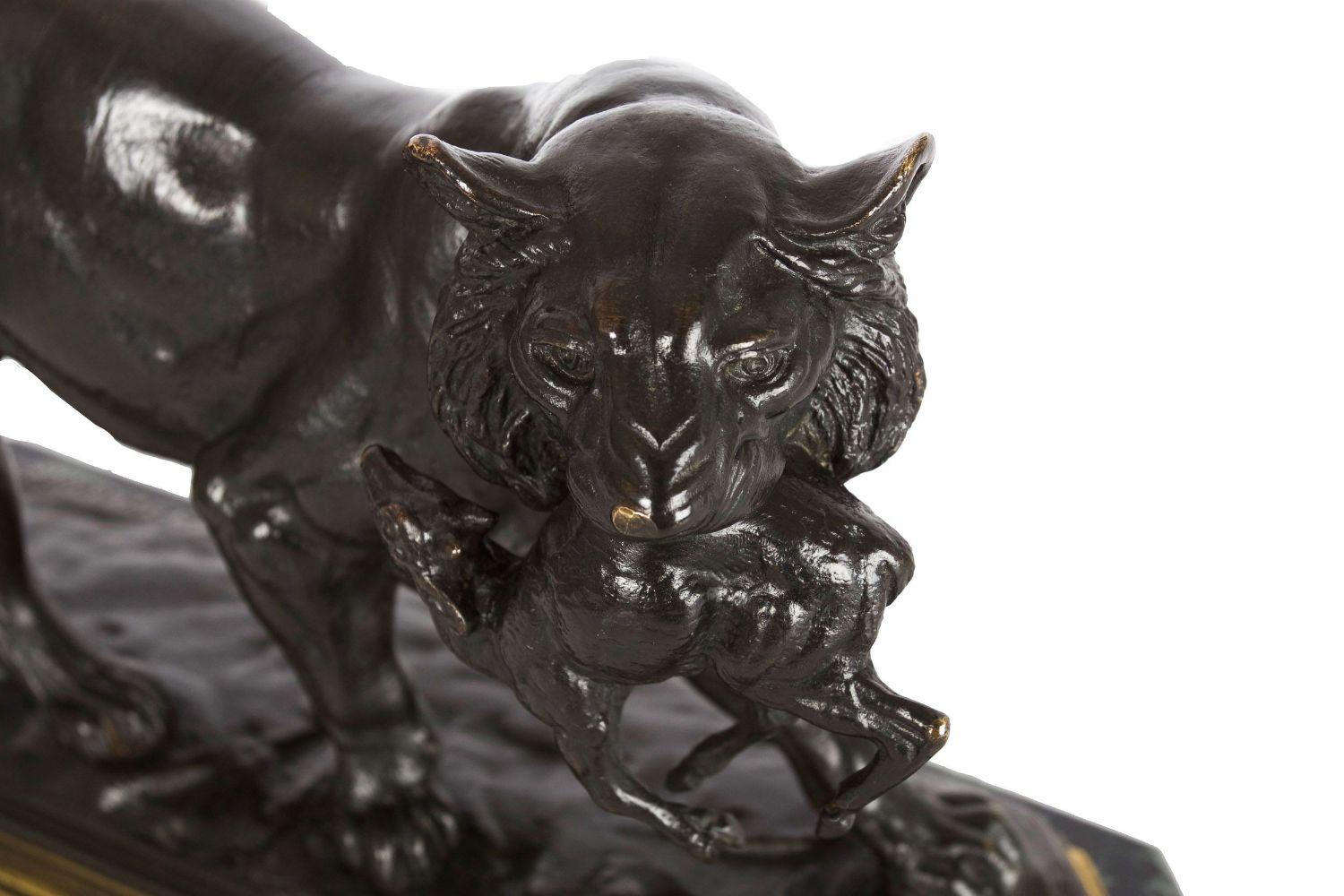 20th Century French Antique Bronze Sculpture of Tiger Carrying Gazelle by Paul-Édouard Delabr For Sale