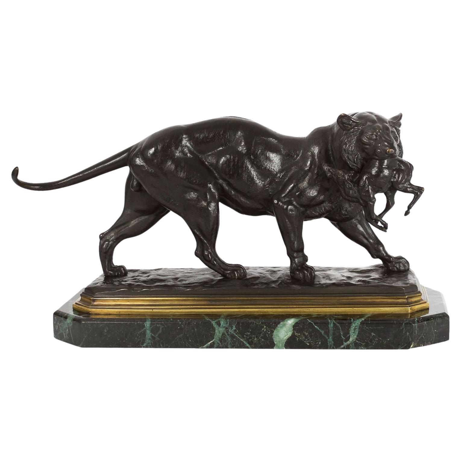 French Antique Bronze Sculpture of Tiger Carrying Gazelle by Paul-Édouard Delabr