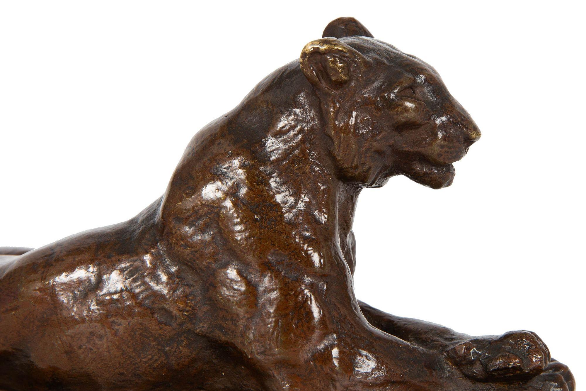 Bronzo Scultura in bronzo antico francese di Paul Edouard Delabrierre raffigurante una tigre a riposo in vendita