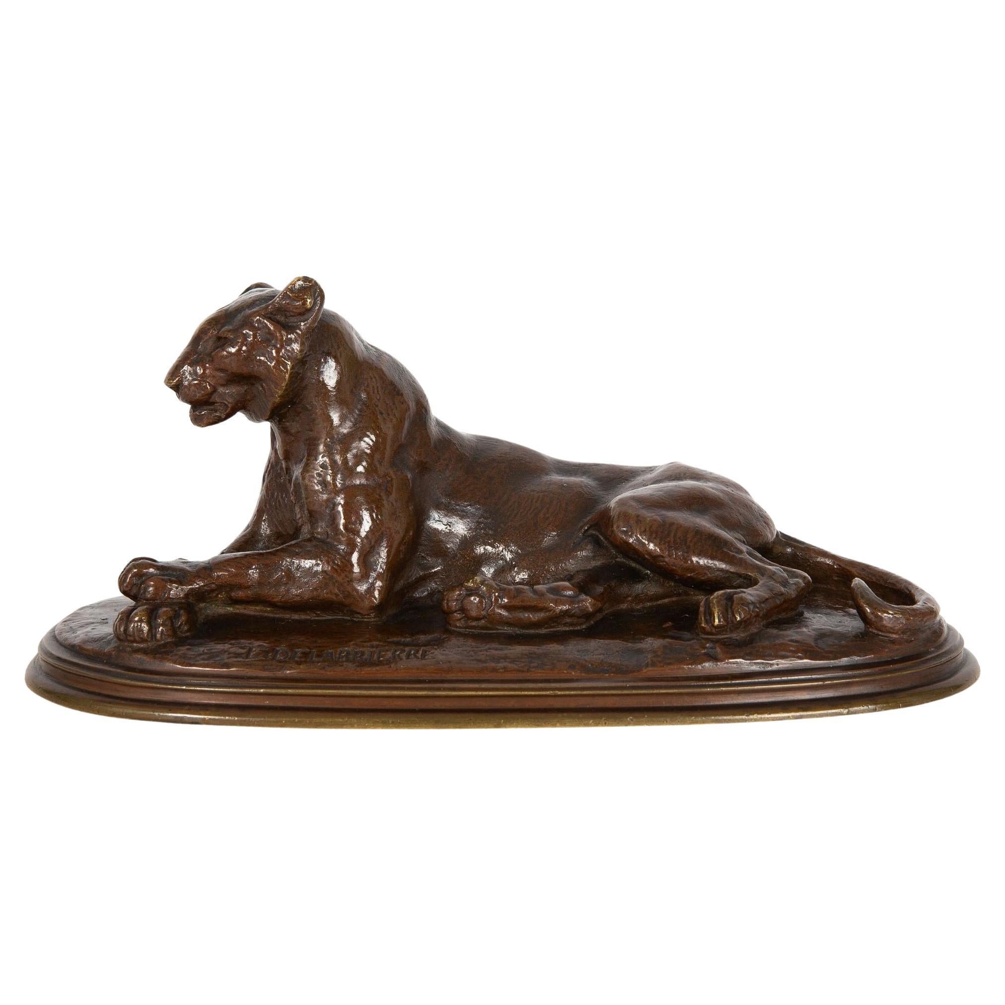 French Antique Bronze Sculpture of Tigress at Rest by Paul Edouard Delabrierre
