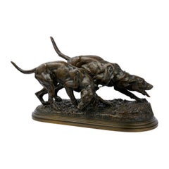 French Antique Bronze Sculpture of Two Hound Dogs by Isidore Jules Bonheur