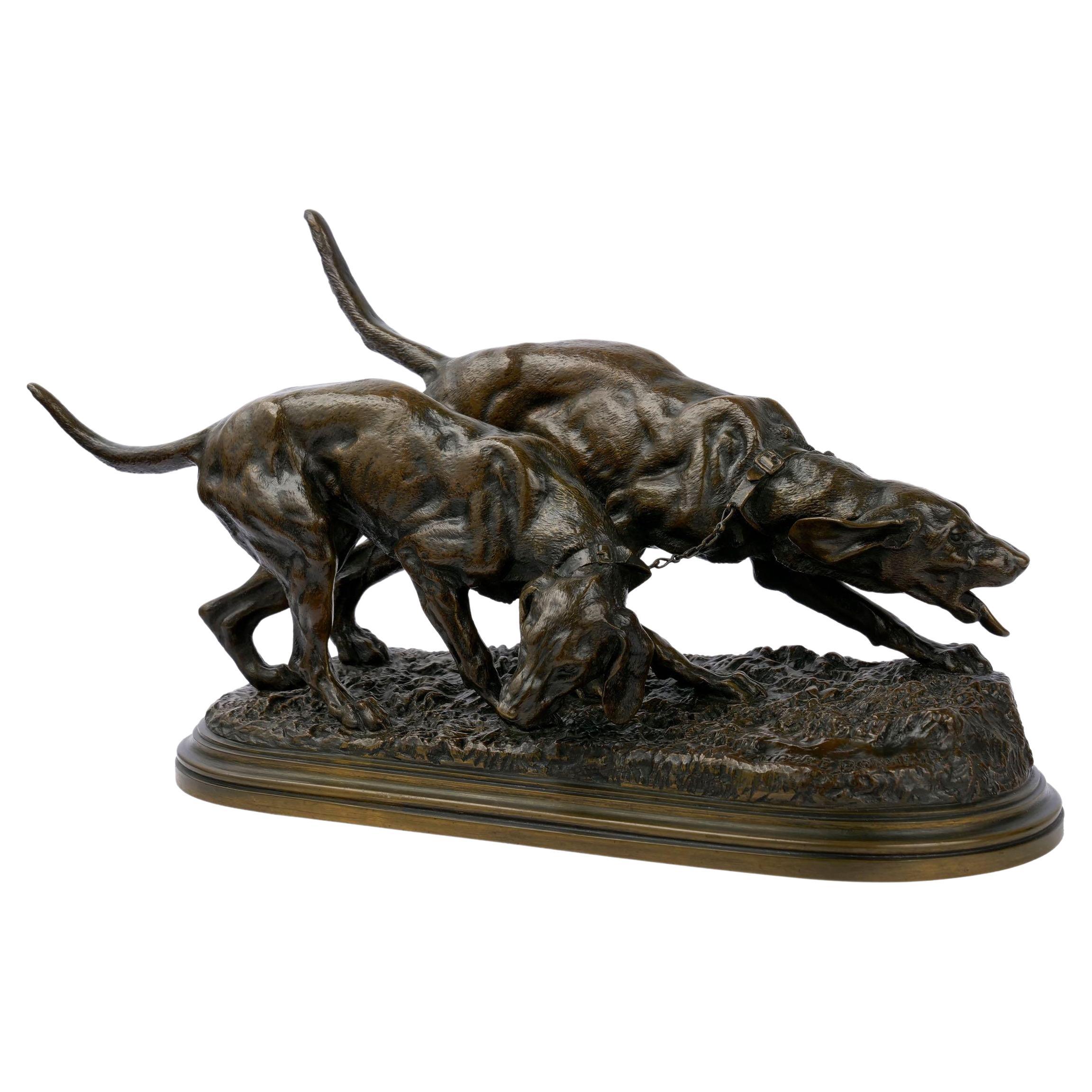 French Antique Bronze Sculpture of Two Hound Dogs by Isidore Jules Bonheur