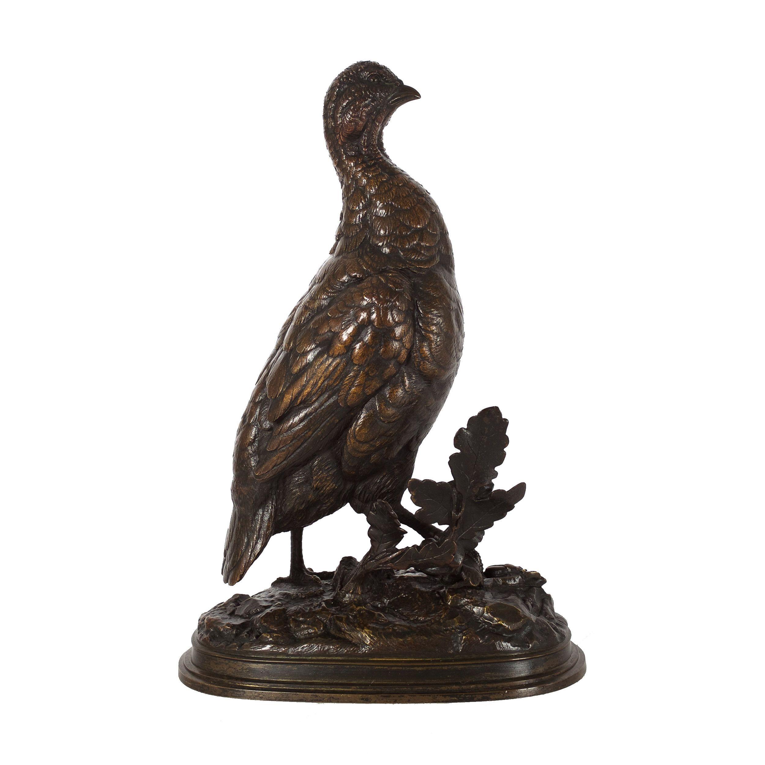 Romantic French Antique Bronze Sculpture of Walking Grouse by Paul Édouard Delabrierre