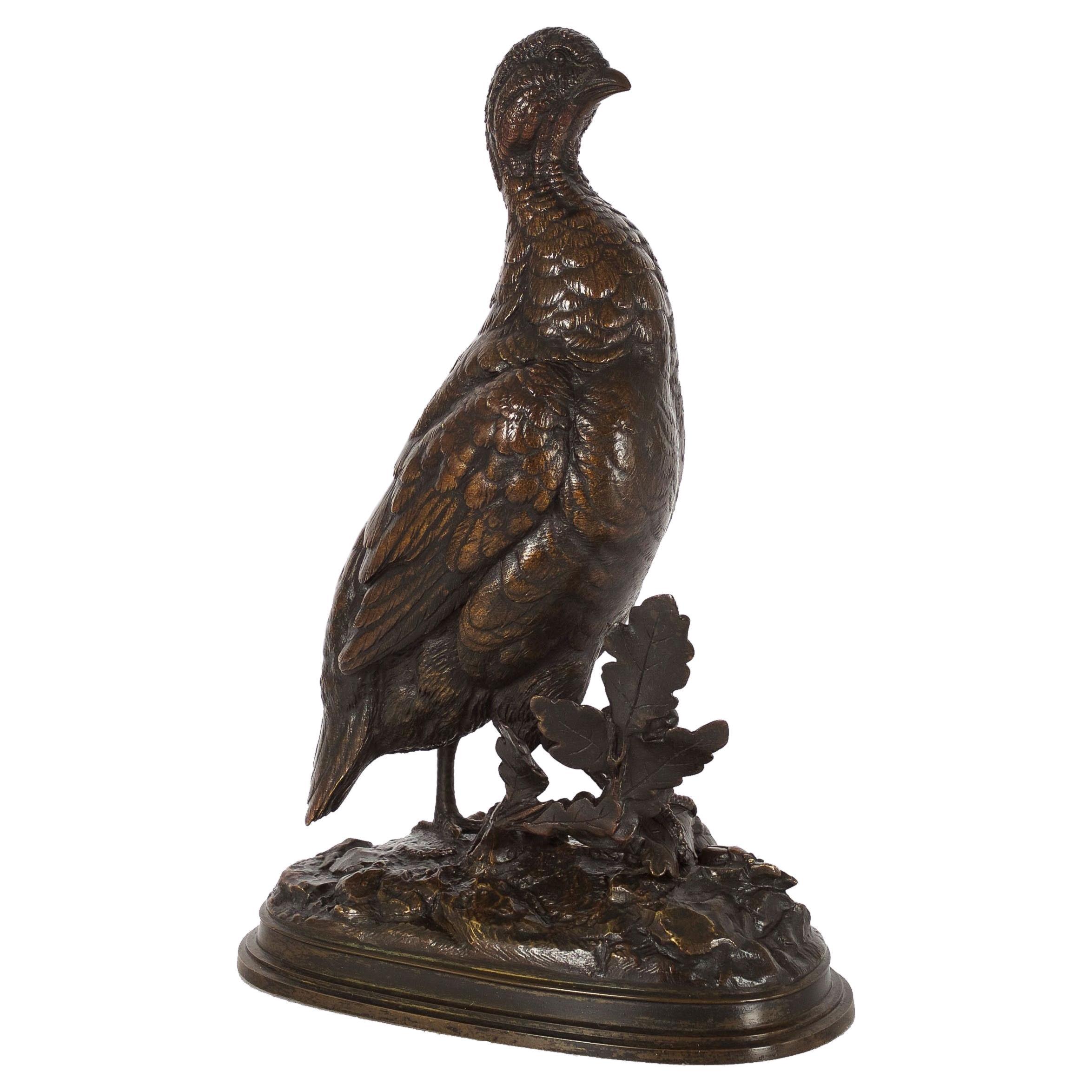 French Antique Bronze Sculpture of Walking Grouse by Paul Édouard Delabrierre