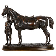 Scultura francese in bronzo antico con cavallo da corsa "Walter Scott" di Alfred Barye
