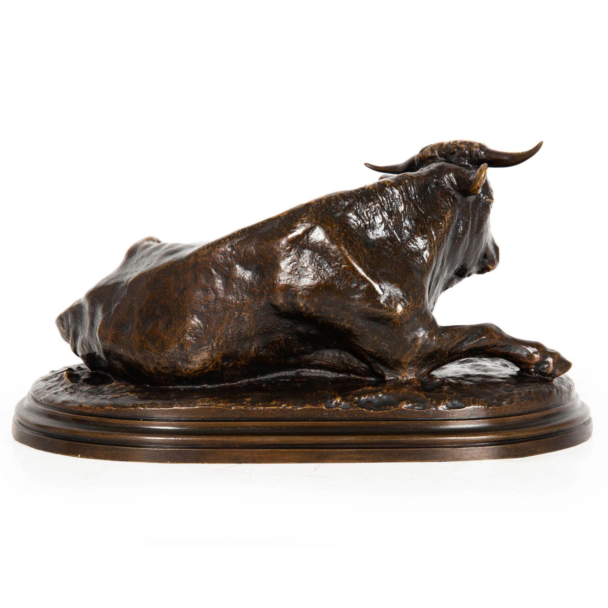 Romantic French Antique Bronze Sculpture “Resting Bull” by Rosa Bonheur ca. 1870-90 For Sale