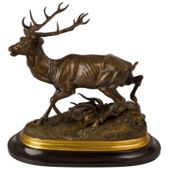 French Antique Bronze Sculpture "Running Stag" by Jules Moigniez, 19th Century