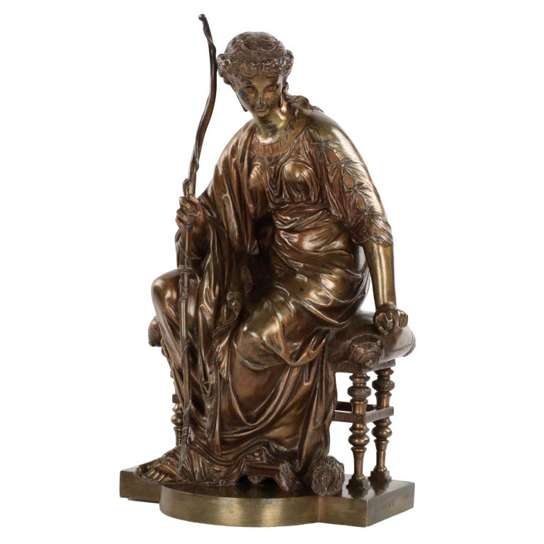 French Antique Bronze Sculpture "Seated Artemis" by Etienne Henri