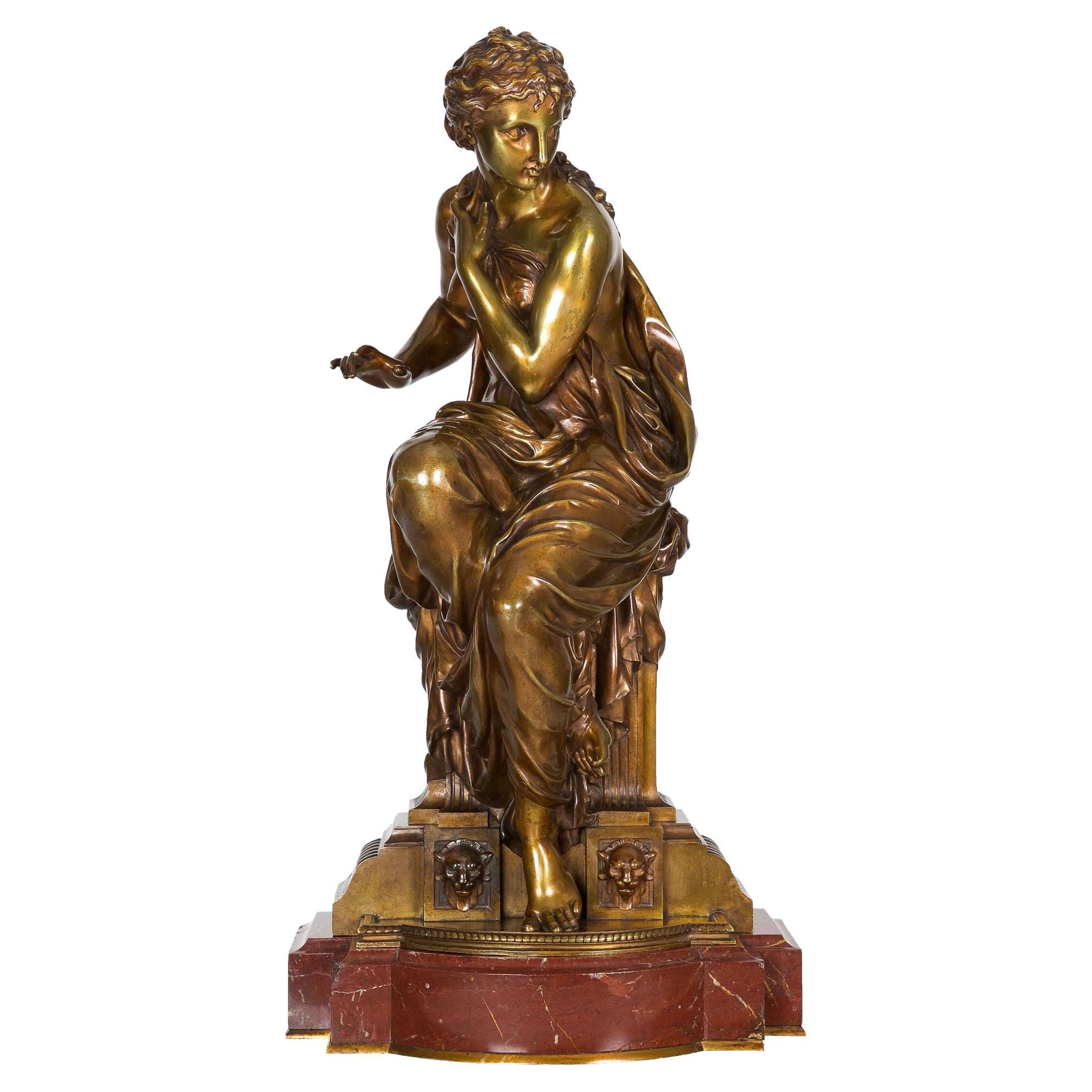 French Antique Bronze Sculpture “Seated Woman” by Etienne-Henri Dumaige, c.1880