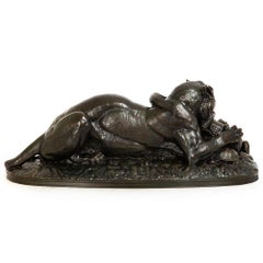 French Antique Bronze Sculpture “Tiger & Gavial” by Antoine-Louis Barye c. 1890