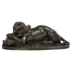 French Used Bronze Sculpture “Tiger & Gavial” by Antoine-Louis Barye c. 1890