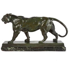 Scultura francese in bronzo antico "Tigre che cammina" di Antoine-Louis Barye, Barbedienn