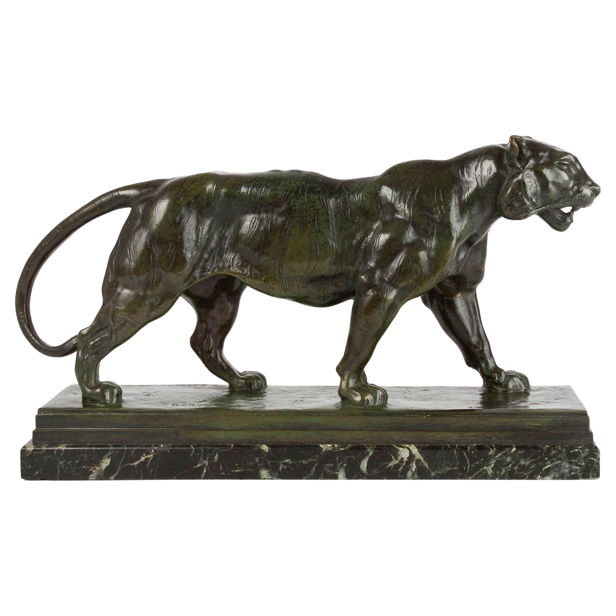 Scultura francese in bronzo antico "Tigre che cammina" di Antoine-Louis Barye, Barbedienn