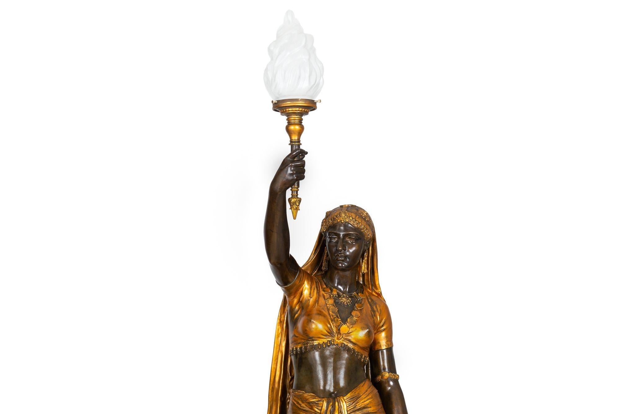 French Antique Bronze Torchiere Sculpture “Indienne Femme” by Emile Guillem 10
