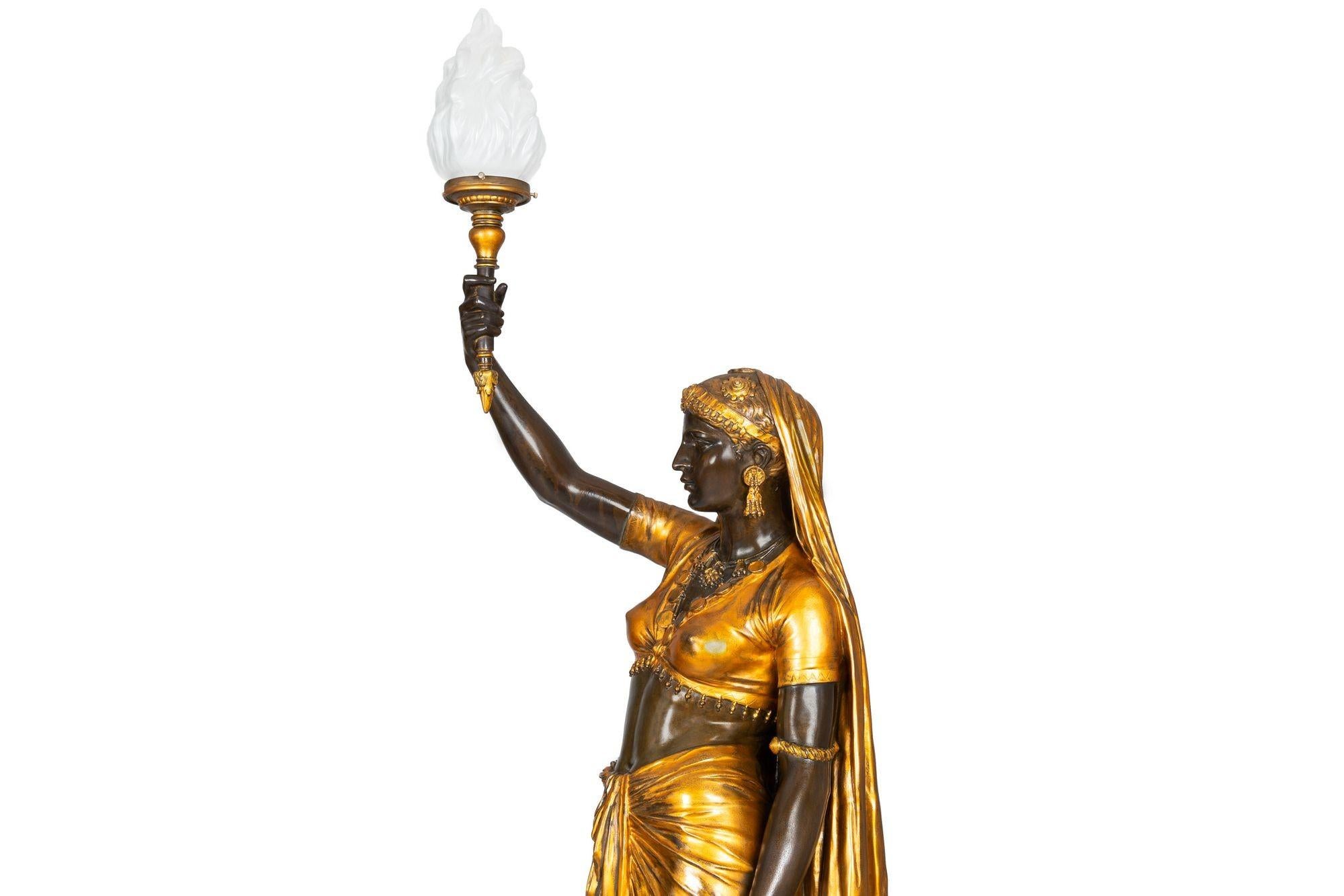 French Antique Bronze Torchiere Sculpture “Indienne Femme” by Emile Guillem 11