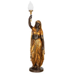 French Antique Bronze Torchiere Sculpture “Indienne Femme” by Emile Guillem