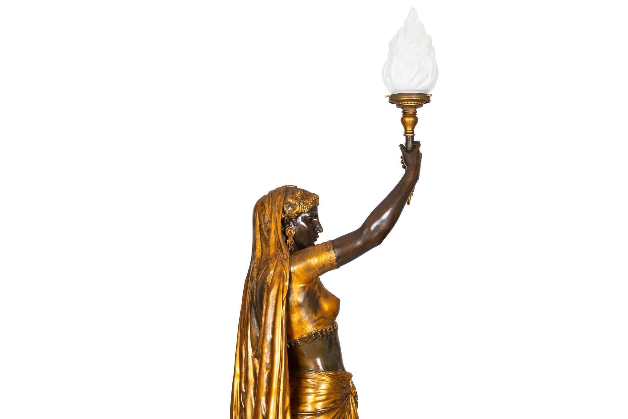 French Antique Bronze Torchiere Sculpture “Indienne Femme” by Emile Guillem 14