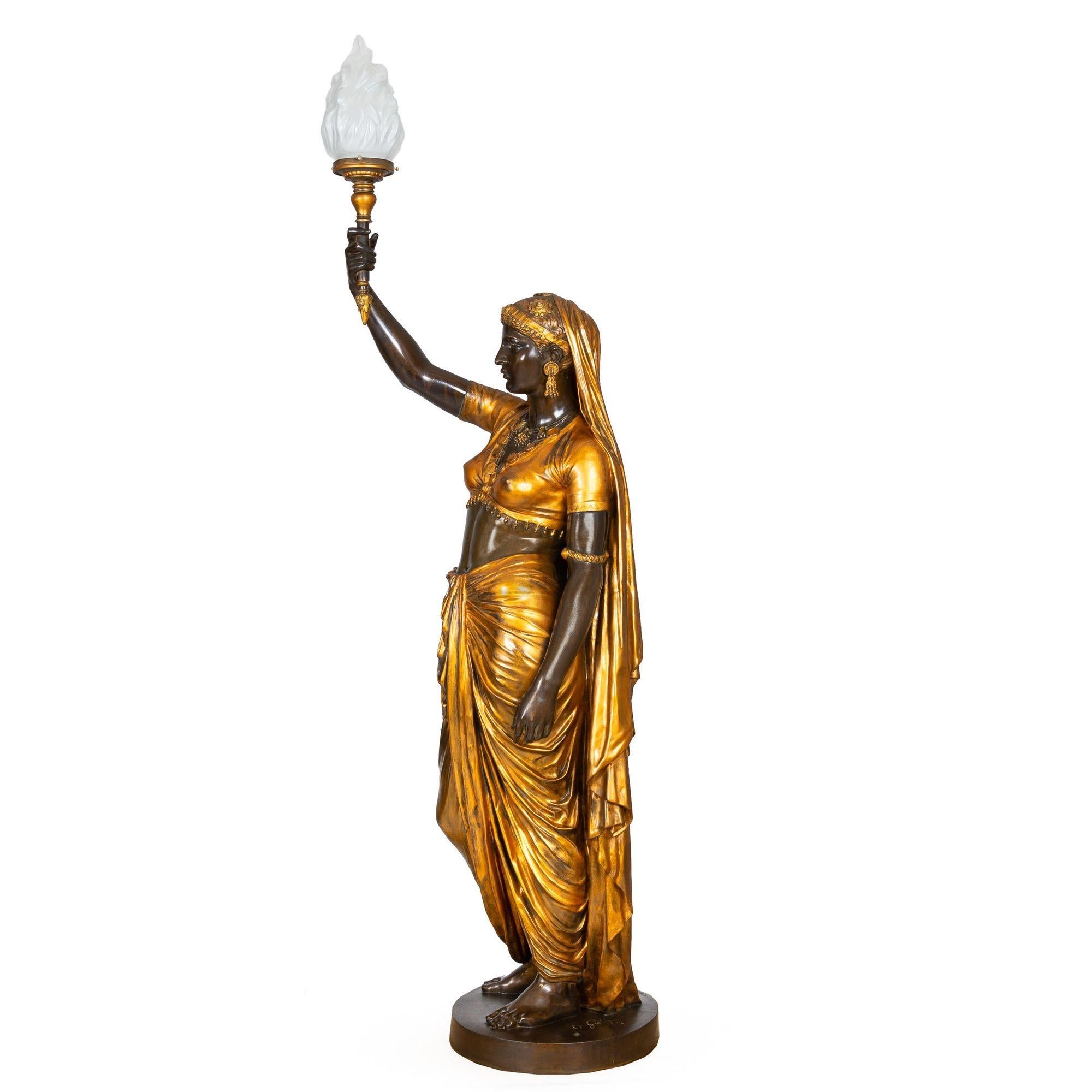 Romantic French Antique Bronze Torchiere Sculpture “Indienne Femme” by Emile Guillem