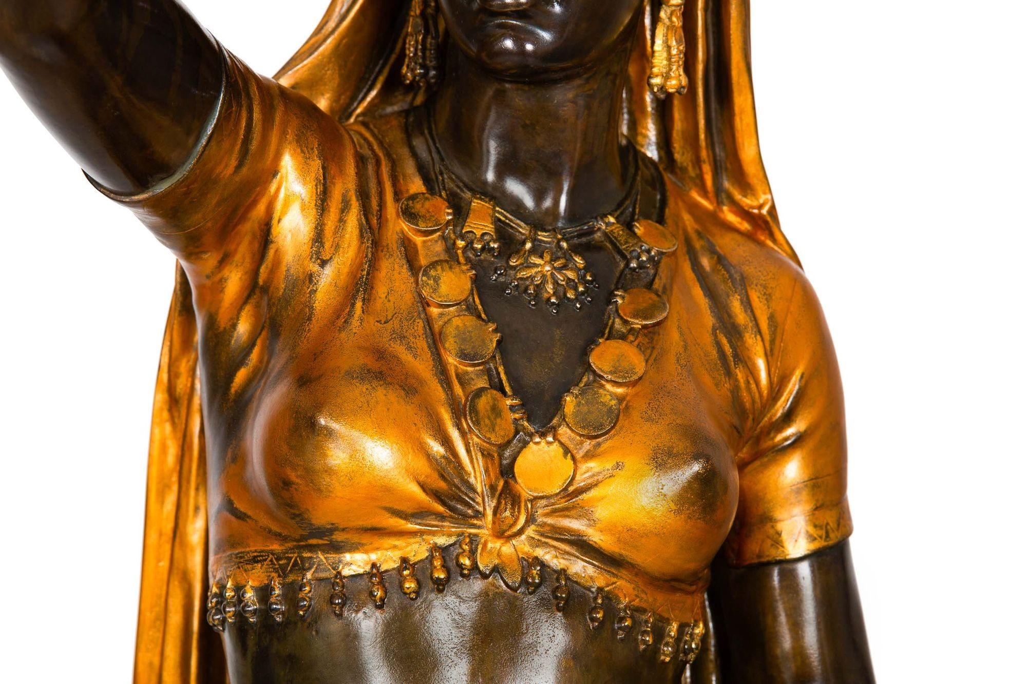 French Antique Bronze Torchiere Sculpture “Indienne Femme” by Emile Guillem 1