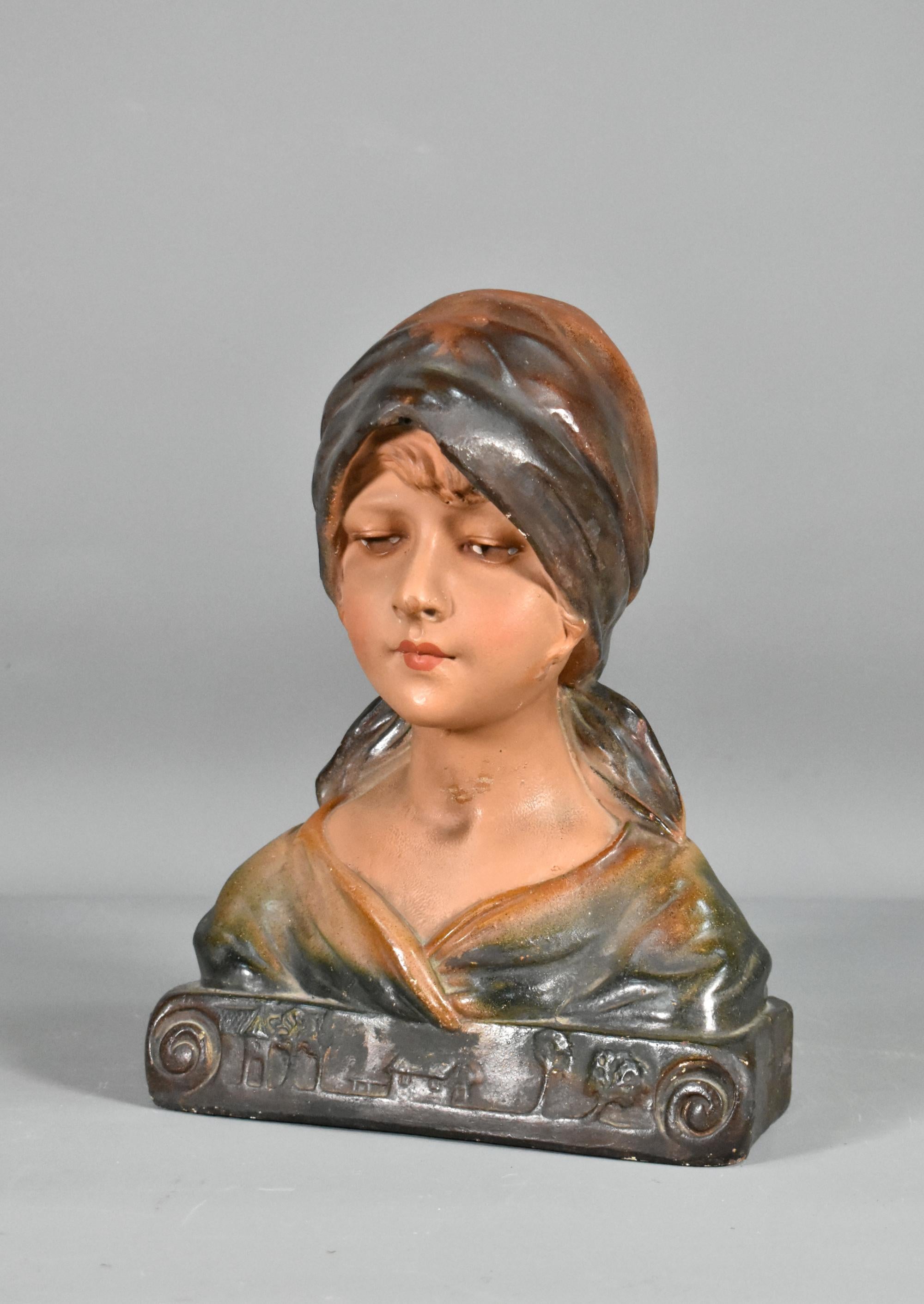 Art Nouveau French Antique Bust of a Young Girl in Plaster For Sale