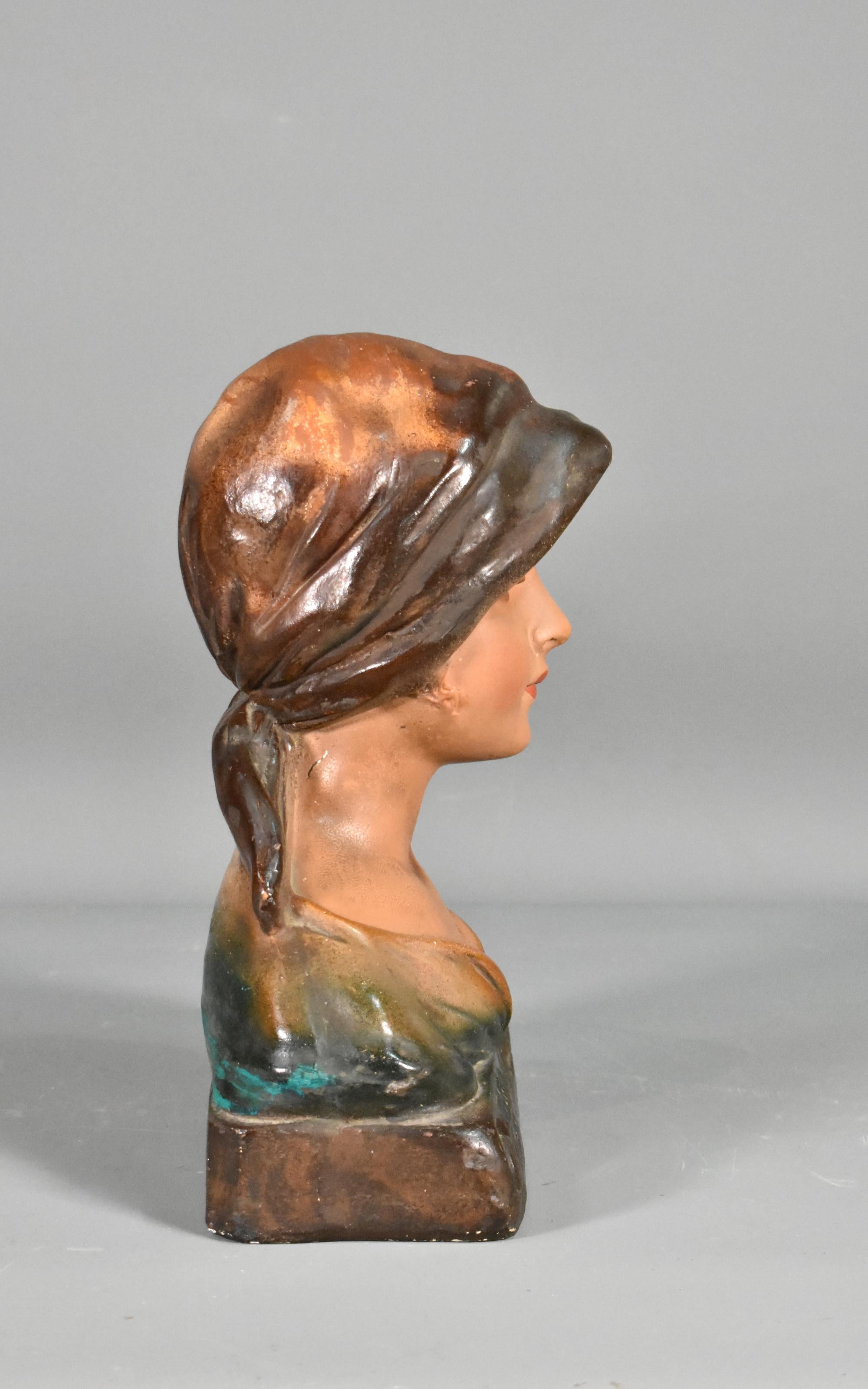 Painted French Antique Bust of a Young Girl in Plaster For Sale